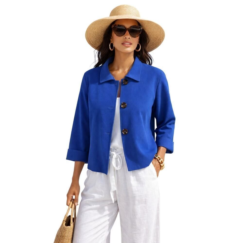 IC COLLECTION Women's Button Up 3/4 Sleeve Blazer/Jacket Blue Size Small